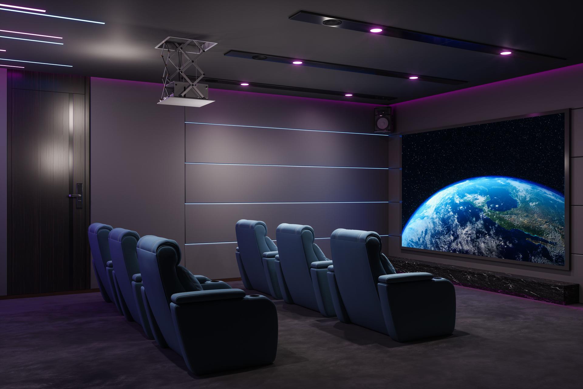 Private Home Cinema Room With Projection Screen, Cinema Chairs, Speakers And Neon Lighting
