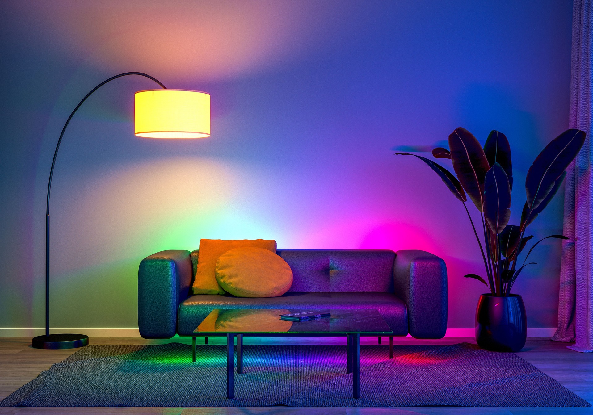 a modern living room with ambient LED lighting and comfortable furniture. 3D render